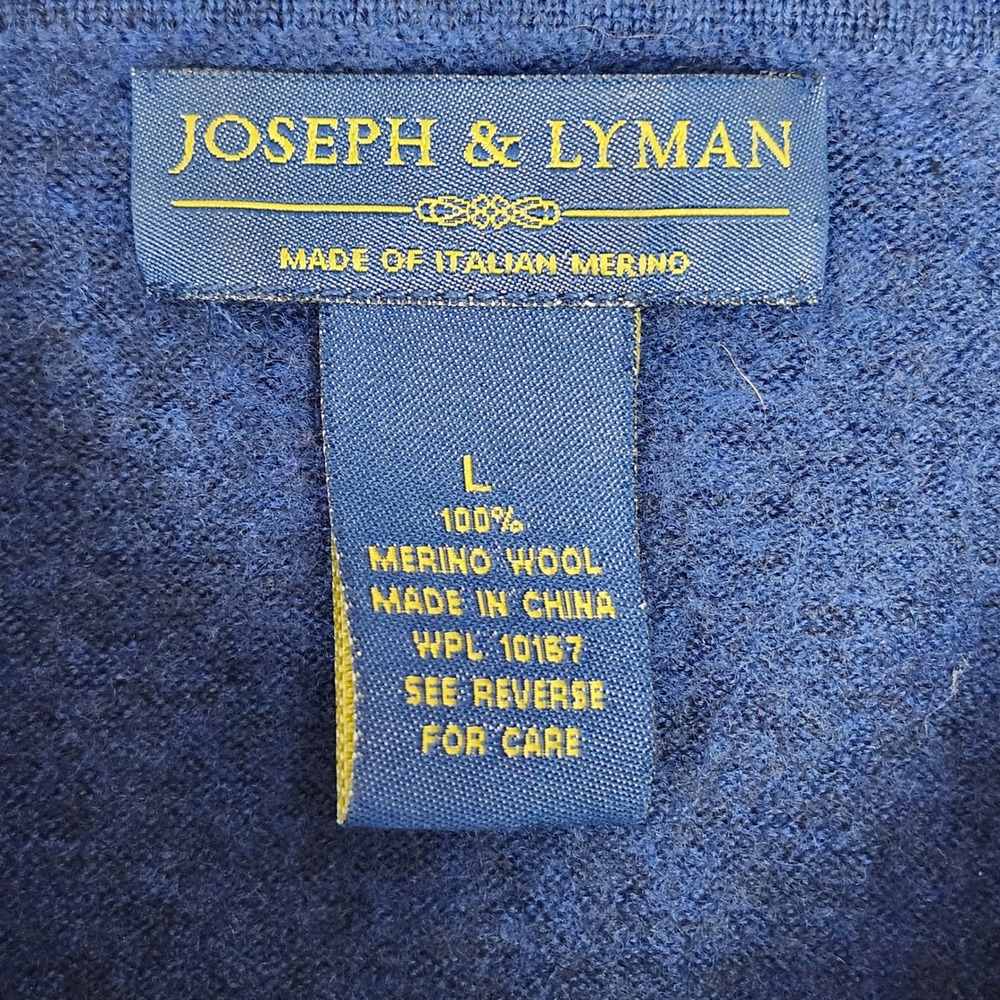 100% Merino Wool Joseph & Lyman Sweater Mens Large Blue V Neck Pullover - Picture 2 of 6